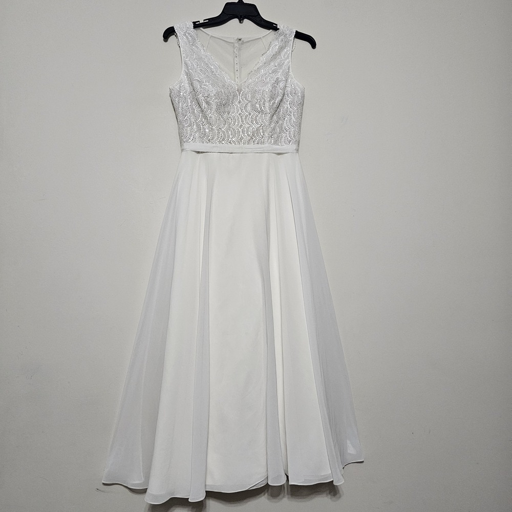 David's‎ Bridal Wedding Dress 12 White Aline Long Sleevesless Vneck Sequin 881